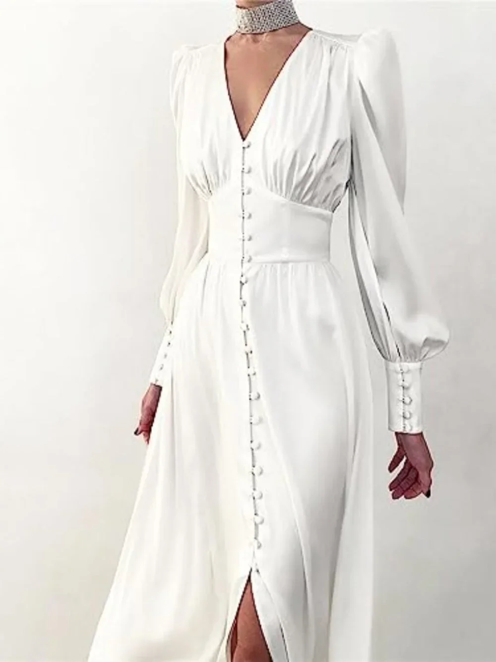 🆕 Women's V Neck Puff Sleeve Satin Maxi Dress Long Lantern Sleeve Button Down - Picture 4 of 4